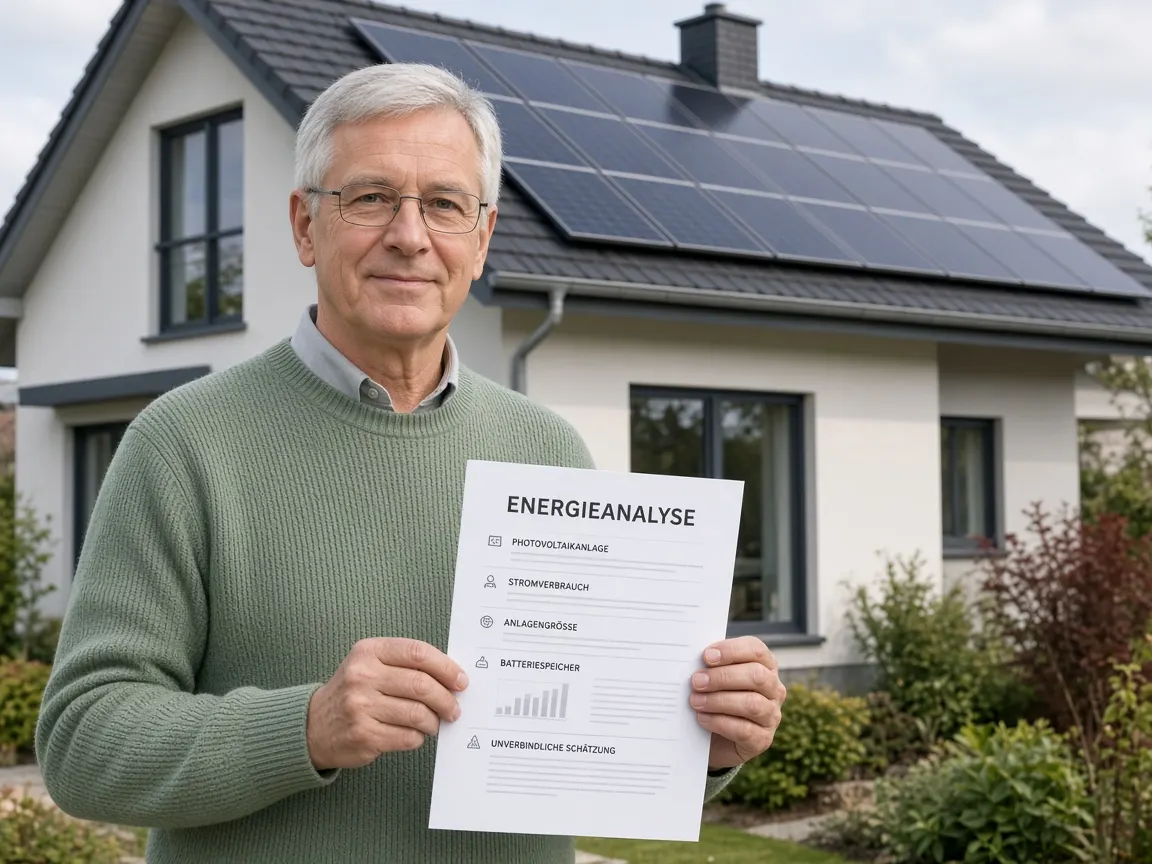 Hausbesitzer mit Energieanalyse für eine Photovoltaikanlage