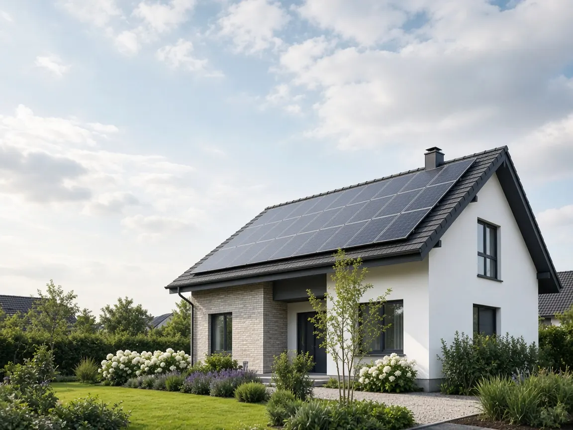 Modernes Einfamilienhaus mit Photovoltaikanlage auf dem Dach