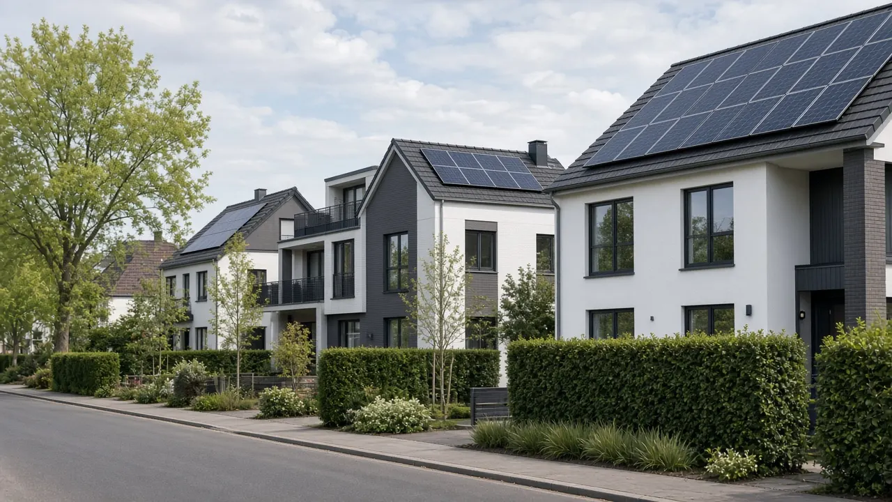 Wohngebiet in Deutschland mit Photovoltaikanlagen auf den Dächern