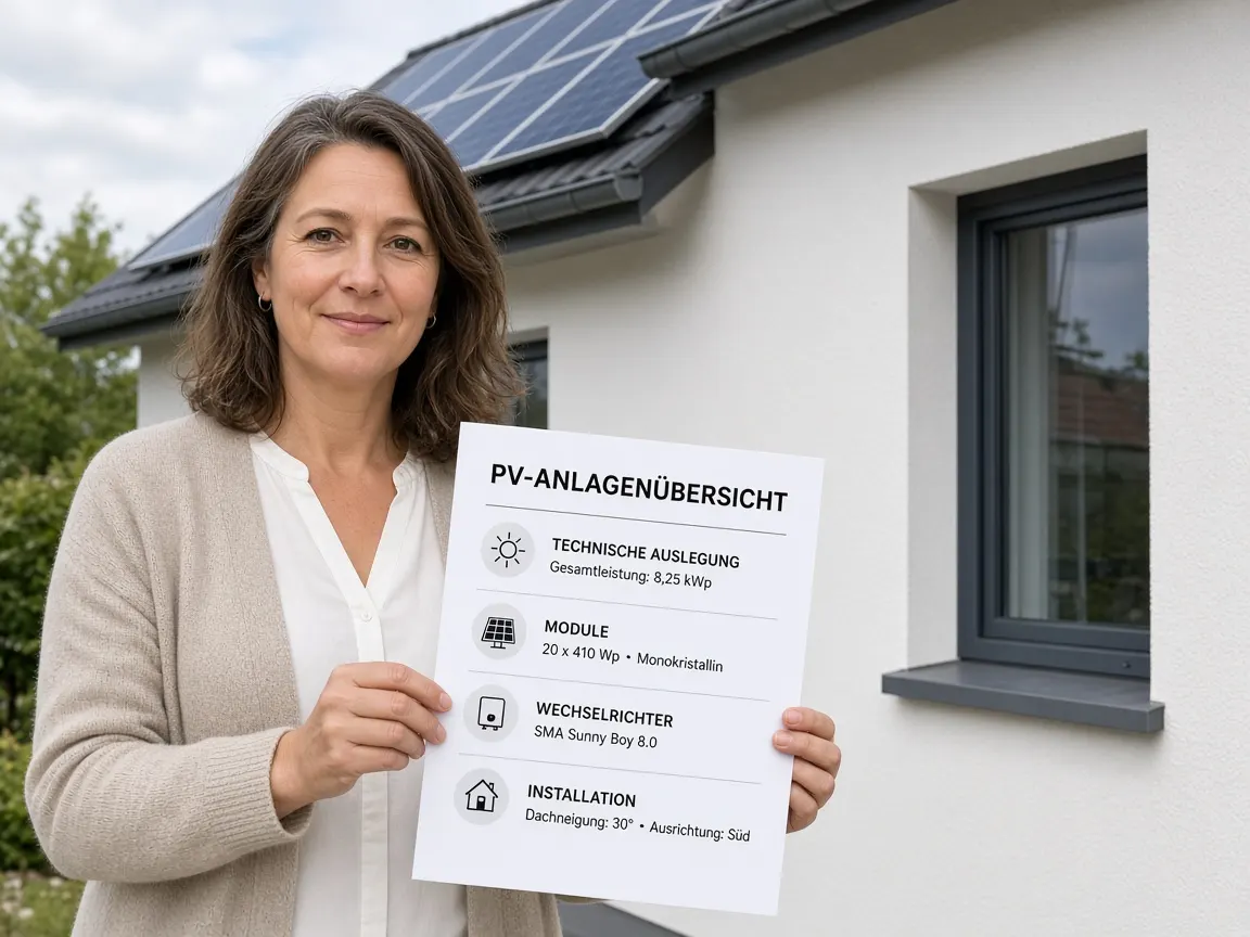 Hausbesitzerin mit Übersicht zu ihrer Photovoltaikanlage