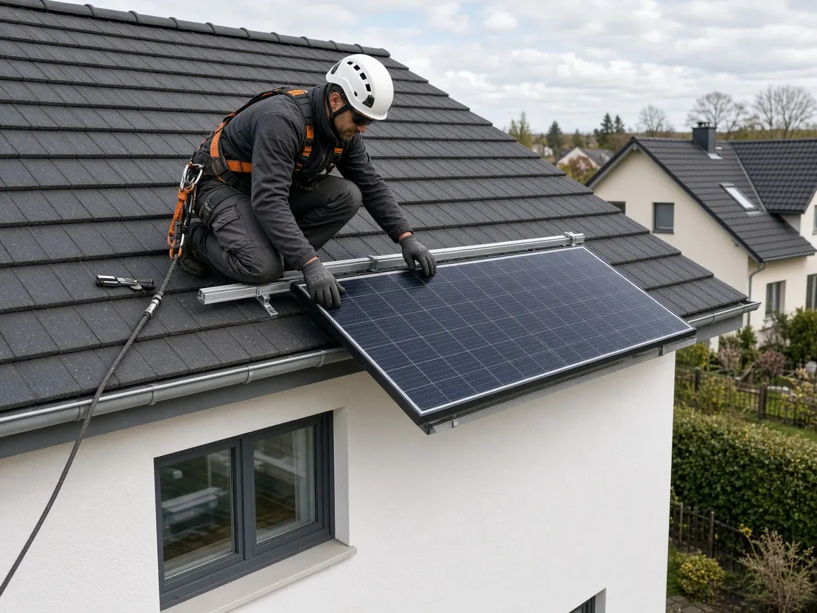 Fachkraft installiert Photovoltaikmodule auf einem Wohnhaus