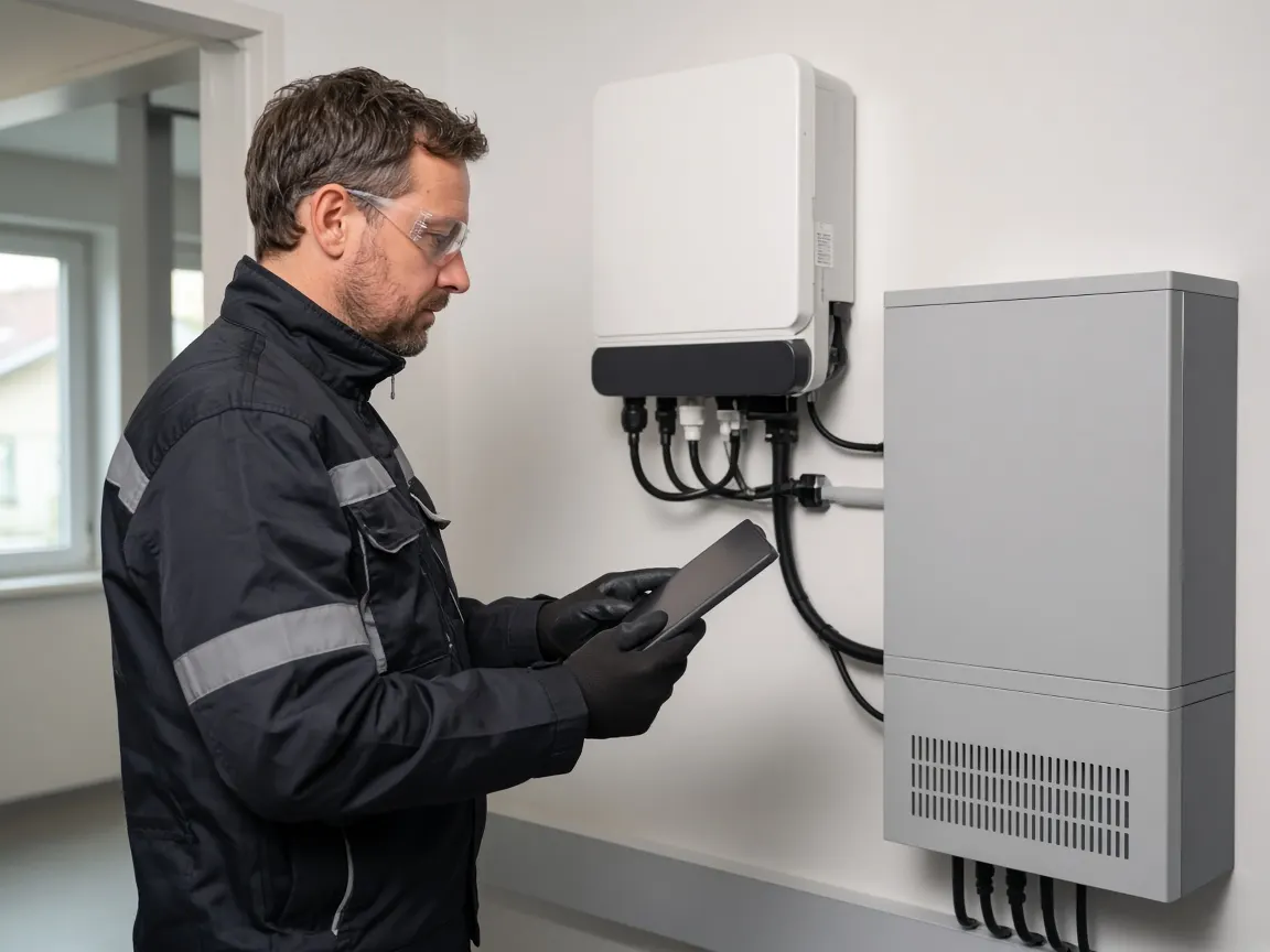 Techniker kontrolliert Wechselrichter einer PV-Anlage